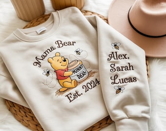 刺繍入りカスタムママベアと子供の名前入りスウェットシャツ、くまのプーさんスウェットシャツ、クラシックなプーさんスウェットシャツ、プーさんスウェットシャツ