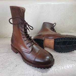 Handmade Brown Leather Long Boots: Men's Lace-Up Cap-toe Marching Boots