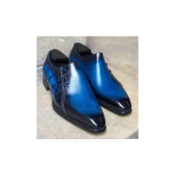 Handmade Blue Leather Oxford Shoes: Men's Side Lace Dress Shoes