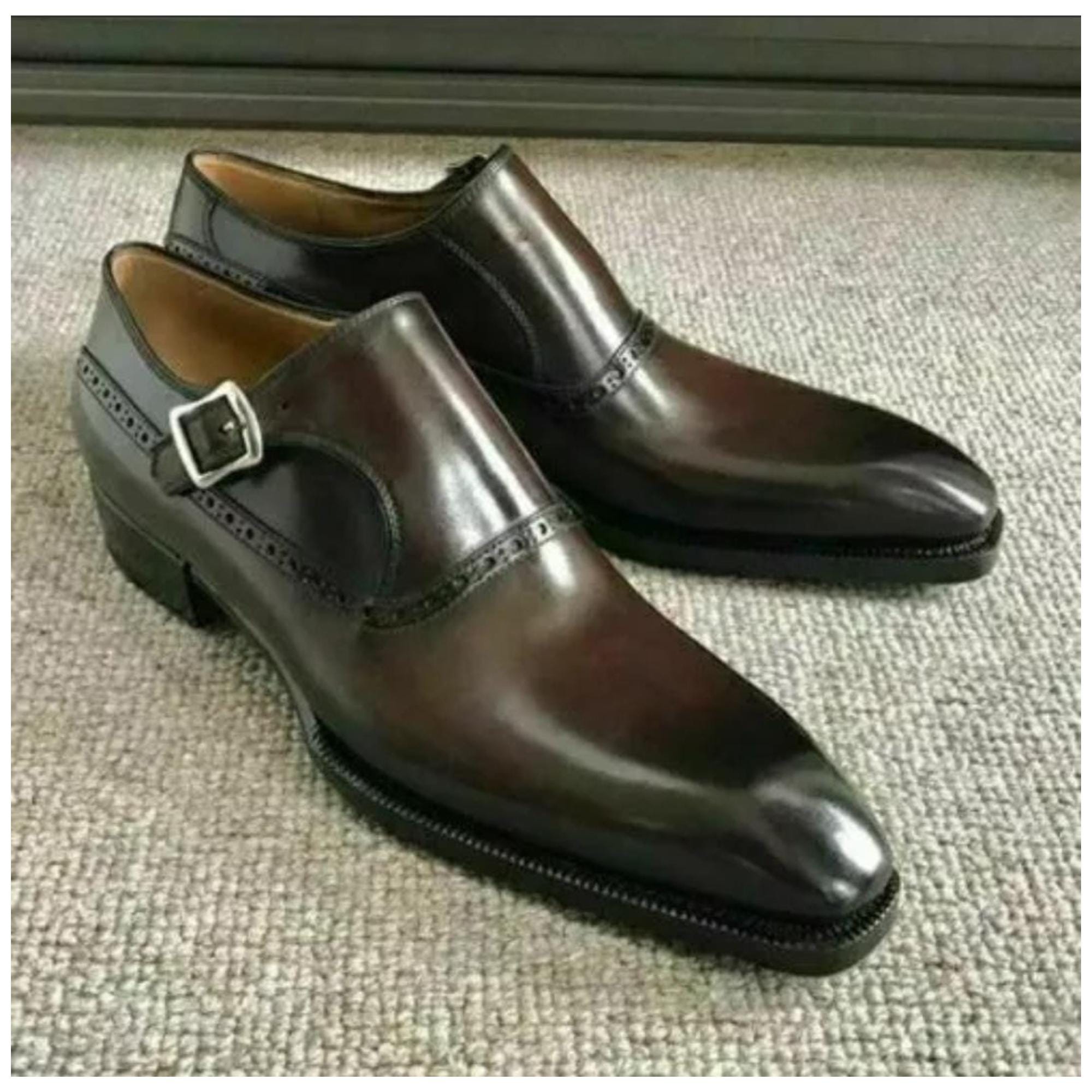 Bespoke Shoes Men‎ Brown Leather Embossed Monk Strap Dress Formal Size The Rolls Woven Tan Leather Single Monk Strap Handmade Men  main image 2