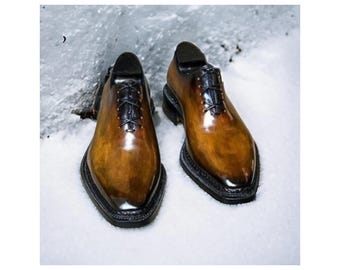 Handmade Leather Oxford Shoes: Men's Tan Lace-Up Formal Dress Bespoke Shoe