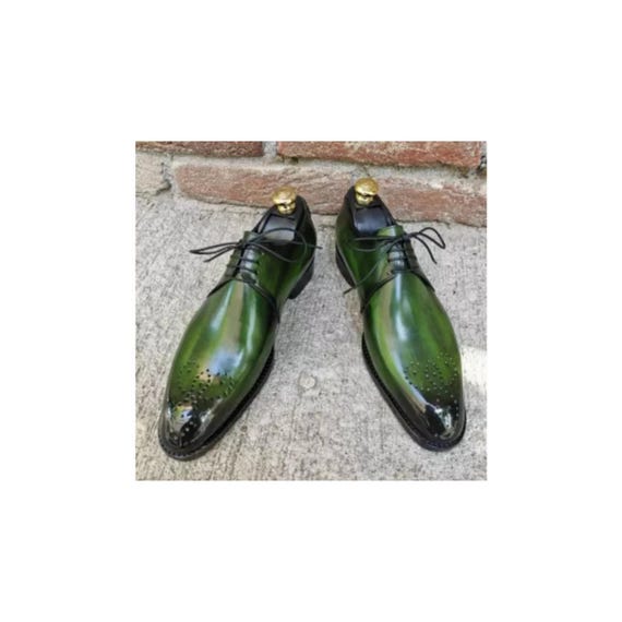 Men's Handmade Green Leather Derby Shoes: Bespoke Formal Style Customized Shoe
