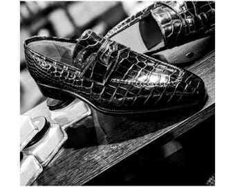 Handmade Black Alligator Texture Leather Loafer: Men's Slip-On Moccasin Customized Shoe