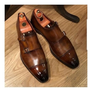 Handmade Brown Leather Monk Strap Shoes: Double Buckle Dress Shoes Customized Shoe
