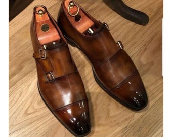 Zapatos de monje de cuero marrón hechos a mano: zapatos de vestir con doble hebilla, zapatos personalizados