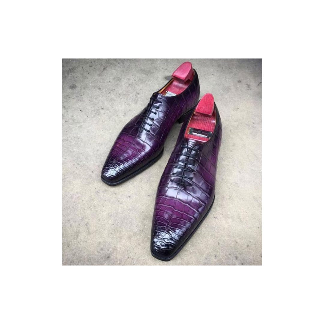 Purple Men\'s Formal Alligator Print Folded Cap Toe Oxford Lace up Dress Shoes Purple Oxford Shoes | Harvey by Amali | Just Men main image 4