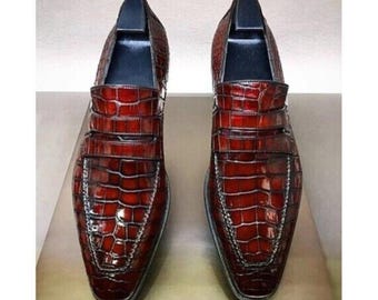 Handmade Alligator Print Leather Loafers: Men's Red Brown Dress Personalize Bespoke Shoe