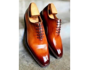 Handmade Leather Oxford Shoes: Tan Mustard Brown Lace-Up Formal Dress Shoes Customized Shoe