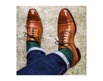 Chaussures richelieu semi-brogue en cuir faites main - Chaussures personnalisées beige moutarde bicolore
