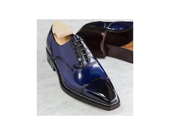 Personnalisez vos chaussures richelieu homme en cuir bleues sur mesure faites main : chaussures habillées habillées