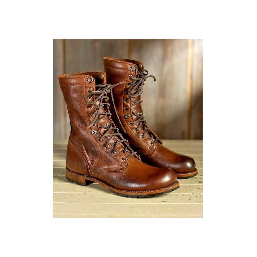 men\'s brown leather long marching boots handmade Order your Custom His & Her ? Original Hand-Tooled Leather  main image 2