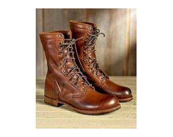 Handmade Brown Leather Long Boots: Men's Lace-Up Marching Boots Customized Boot
