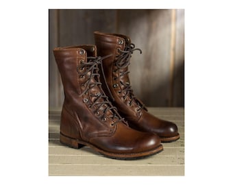 Handmade Brown Leather Long Boots: Men's Lace-Up Marching Boots