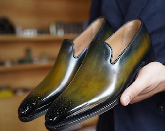 Handmade Yellow Leather Moccasin Loafer: Men's Slip-On Shoes Customized Shoe