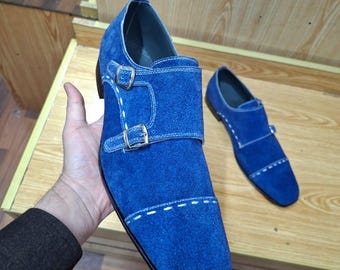 Zapatos de hombre personalizados a medida, hechos a mano en piel de ante azul con doble hebilla.