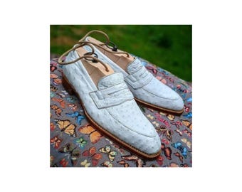 Handmade White Ostrich Texture Leather Bespoke Loafers: Men's Formal Dress Shoes Personalize Customized Shoe