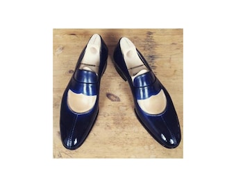 Handmade Leather Loafer Shoes: Blue & Off-White Slip-On Moccasin Customized Shoe