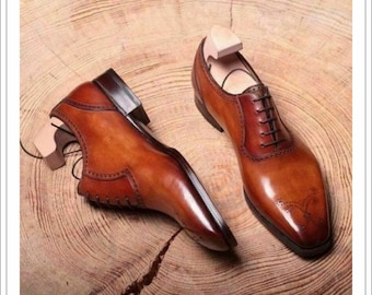 Handmade Tan Brown Leather Oxford Shoes: Men's Formal Dress Lace-Up Customized Shoe