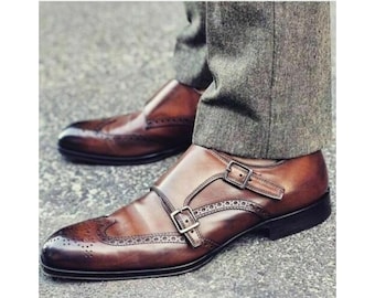 Zapatos de hebilla de cuero marrón de dos tonos hechos a mano: zapatos formales de vestir con doble hebilla, personalizados.