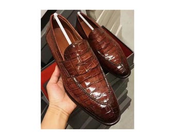 Handmade Brown Alligator Texture Leather Loafers: Men's Dress Shoes Customized Shoe