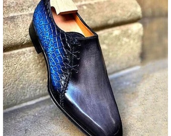 Handmade Blue Alligator Print Leather Shoes: Men's Dress Side Lace Fancy Shoes