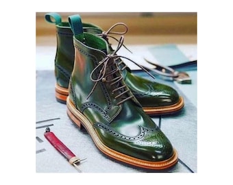 Handmade Green Leather Brogue Boots: Men's Oxford Lace-Up Formal Boots Customized Boot