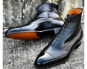 Personalize Handmade Men's Black Leather Oxford Boots: Formal Lace-Up Cap Toe Bespoke Boot