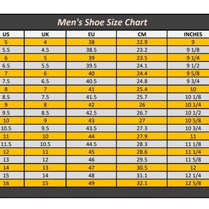 May include: A shoe size conversion chart for men, with US, UK, EU, CM, and inches measurements. The chart is in a yellow and white table format, with a black border and the text "Men's Shoe Size Chart" at the top.
