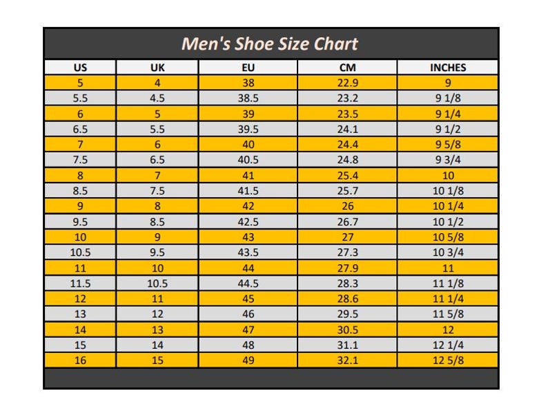 Op de afbeelding: Een schoenmatentabel voor heren, met US, UK, EU, CM en inch maten. De tabel is geel en wit, met een zwarte rand en de tekst "Men's Shoe Size Chart" bovenaan.