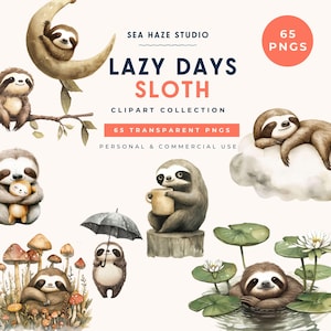 Pode incluir: Uma coleção de clipart digital intitulada Lazy Days Sloth da Sea Haze Studio, contendo 65 arquivos PNG transparentes. Os gráficos retratam vários bichos-preguiça em estilo aquarela com uma lua crescente, nuvens, cogumelos e vitórias-régias.