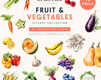 Fruit & Vegetable Clipart | Watercolour Food PNG Bundle | Kitchen Clipart | Commercial Use