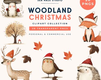 Woodland Christmas Clipart Collection | 28 Watercolor PNG Images | Woodland Animals | Commercial Use Included