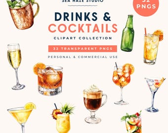 Drinks & Cocktails Clipart | Watercolour Cocktail PNG Bundle | Wedding Bar Clipart | Commercial Use