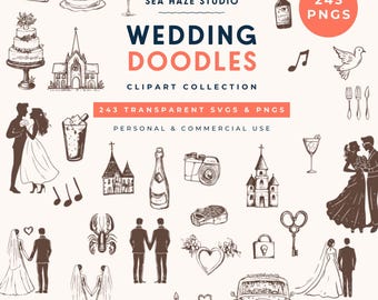 Paquete de imágenes prediseñadas de estilo doodle para bodas / 243 iconos SVG y PNG (uso comercial)