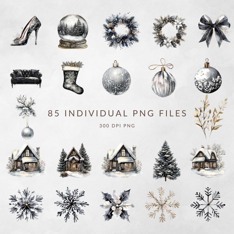 May include: A collection of watercolor-style Christmas illustrations including a high heel, snow globe, wreaths, bow, sofa, stocking, ornaments, houses, pine trees, and snowflakes. The text reads 85 INDIVIDUAL PNG FILES and 300 DPI PNG.
