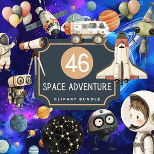 Bundle de 46 images de cliparts aventure spatiale astronaute, extraterrestre, anniversaire de l'espace, téléchargement numérique, parfait pour les invitations à une fête