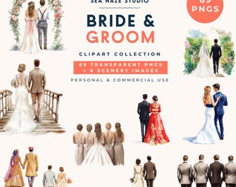 May include: A digital clipart collection titled SEA HAZE STUDIO BRIDE & GROOM featuring 69 transparent PNGs and 8 scenery images. The collection includes watercolor illustrations of couples in wedding attire, including gowns and suits.