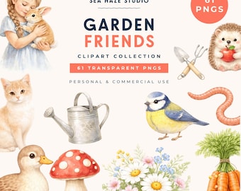 Storybook Garden Clipart Bundle | 61 Watercolor PNG Images | Woodland Animals | Nursery Clipart | Commercial Use