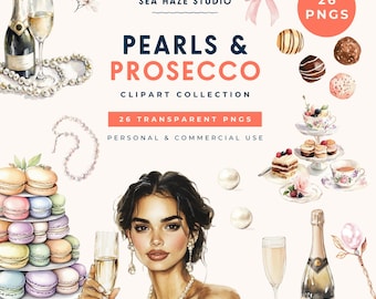 Pärlor och Prosecco Clipart | Champagne PNG-paket | Bröllopsbrud Clipart | Kommersiellt bruk