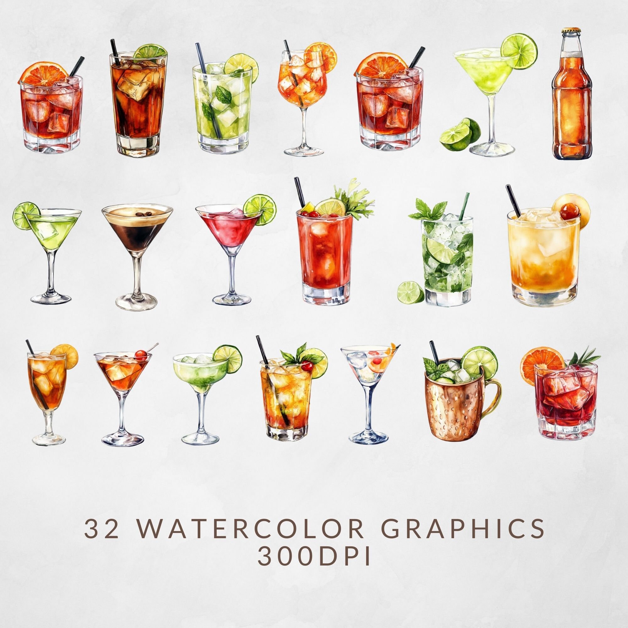 Watercolor Cocktail Clipart Small Bundle | 32 PNG Graphics for Weddings ...