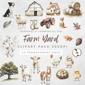 Conjunto de clipart de animais de fazenda | Ilustrações de fazenda em aquarela caprichosas | Perfeito para chás de bebê e convites para festas | Trator, chalés