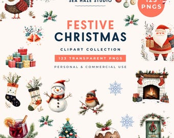 Christmas Clipart | Holiday PNG Bundle | Winter Watercolor Graphics | Commercial Use