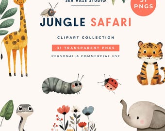 Jungle Safari Clipart Bundle | Watercolour Animals, Foliage (Commercial Use)