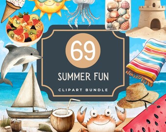 Summer Fun Clipart Bundle, Beach & Fruit Elements (Digital Download)