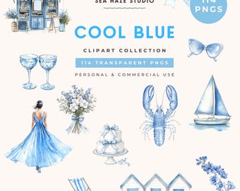 Cool Blue Clipart Collection | 114 PNG Images | Blue Coastal Watercolor Clipart, Oysters, Hydrangeas & Bows | Commercial Use