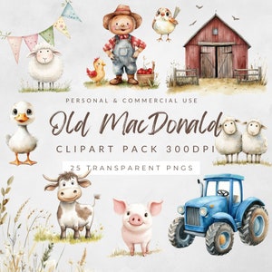 Old MacDonald Had A Farm-clipartbundel | Sublimatie-png: boer, blauwe tractor, schattige boerderijdieren | Kinderkamerdecoratie | Feestbuntin