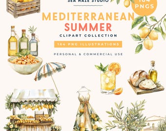 Mediterranean Summer Clipart Collection | Amalfi Coast | Lemon & Coastal PNG Images | Italian Wedding Elements | Commercial Use Included