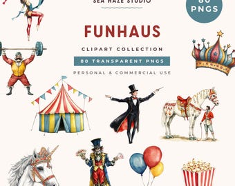 Vintage Circus Clipart Collection | 80 PNG Images | Carnival Fairground Watercolor Clipart | FunHaus | Commercial Use