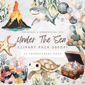 Cute Under the Sea Clipart | Watercolor Ocean Animals, Octopus, Turtle, Mermaid, Crab, Dolphin | Digital Kids PNG | Birthday Party Decor