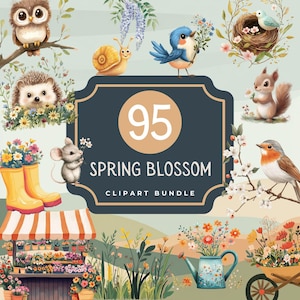 Lot de cliparts Fleurs de printemps |  Clipart printemps mignon | Animaux à l'aquarelle | Jardin floral | Stickers numériques pour enfants | Animaux printaniers